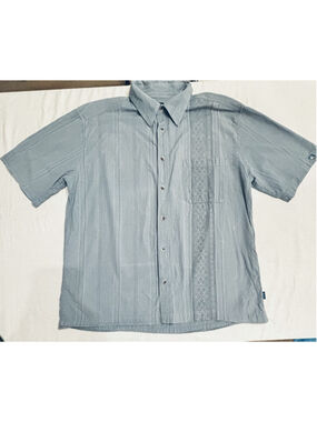 KÜHL Men’s XXL Blue Gray Striped Organic Cotton Embroidered Button Up Shirt